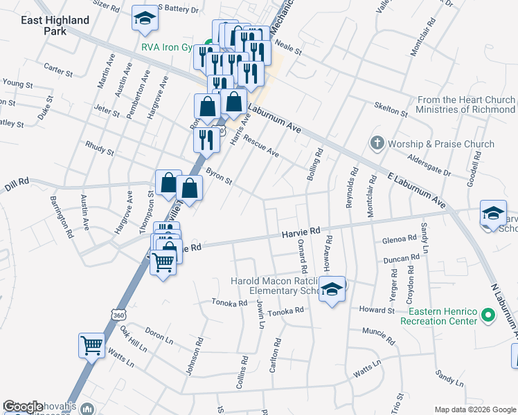 map of restaurants, bars, coffee shops, grocery stores, and more near 3518 Carlton Road in Richmond