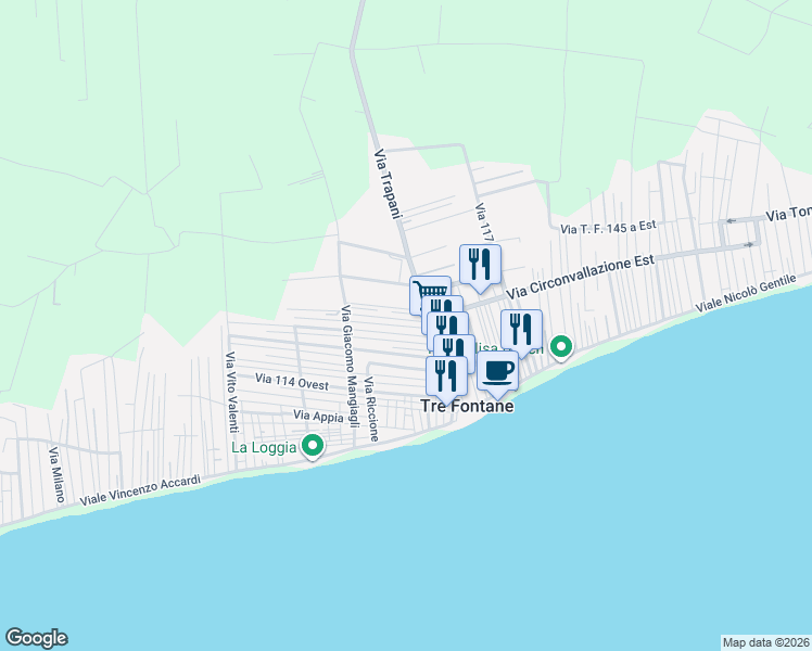 map of restaurants, bars, coffee shops, grocery stores, and more near 11 Via 110 Ovest in Tre Fontane