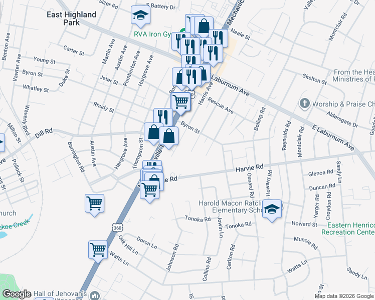 map of restaurants, bars, coffee shops, grocery stores, and more near 3502 Whitlock Avenue in Richmond