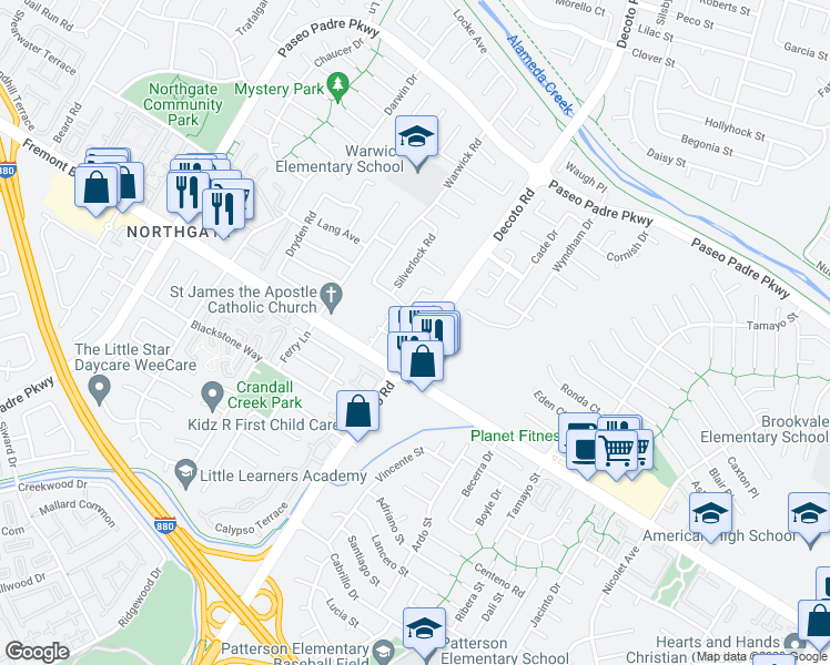 map of restaurants, bars, coffee shops, grocery stores, and more near 3853 Decoto Road in Fremont
