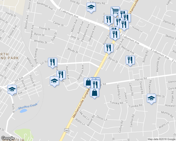 map of restaurants, bars, coffee shops, grocery stores, and more near 3208 Thompson Street in Richmond