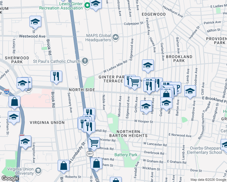 map of restaurants, bars, coffee shops, grocery stores, and more near 3001 Moss Side Avenue in Richmond