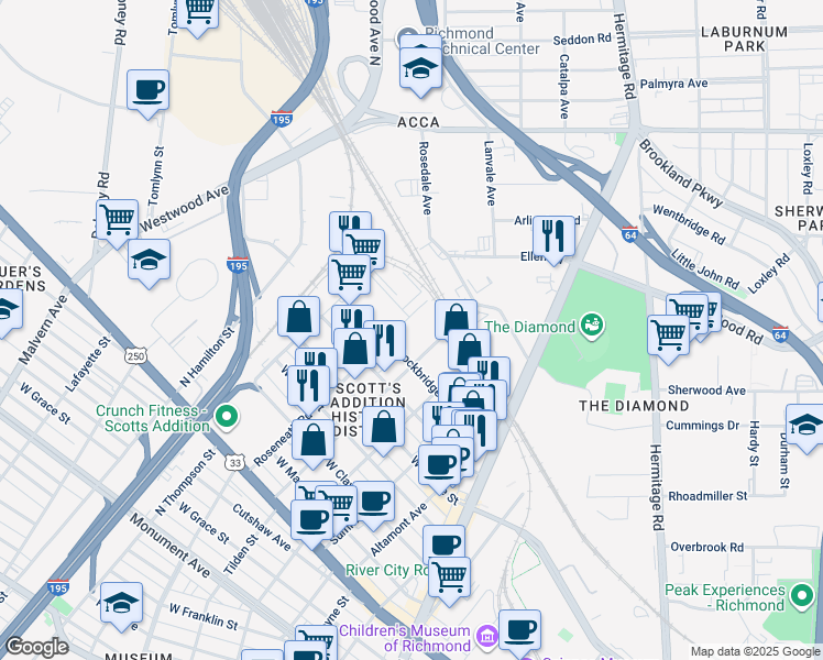 map of restaurants, bars, coffee shops, grocery stores, and more near 1805 Roseneath Road in Richmond