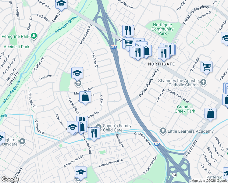 map of restaurants, bars, coffee shops, grocery stores, and more near 4603 Donalbain Circle in Fremont