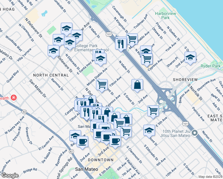 map of restaurants, bars, coffee shops, grocery stores, and more near 40 North Fremont Street in San Mateo
