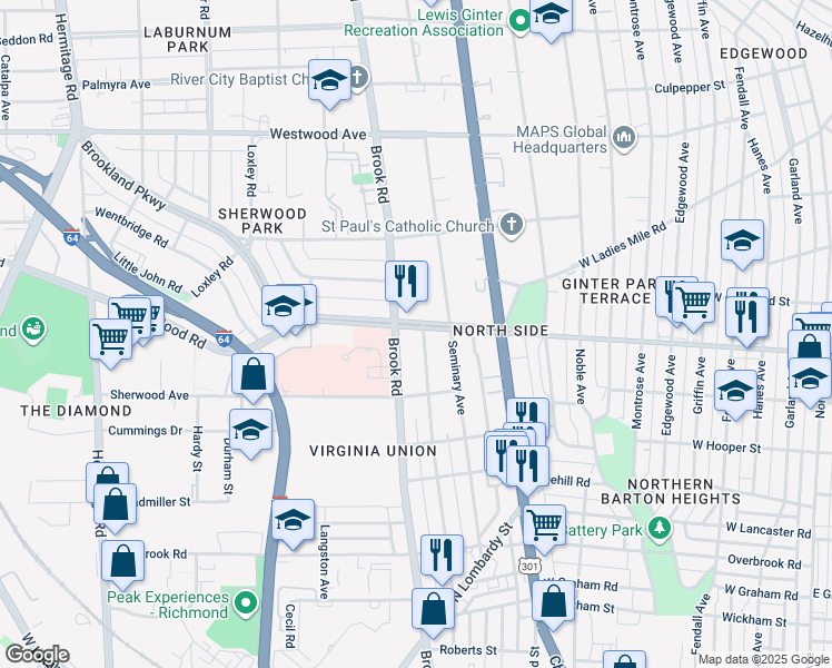 map of restaurants, bars, coffee shops, grocery stores, and more near 2933 Northumberland Avenue in Richmond