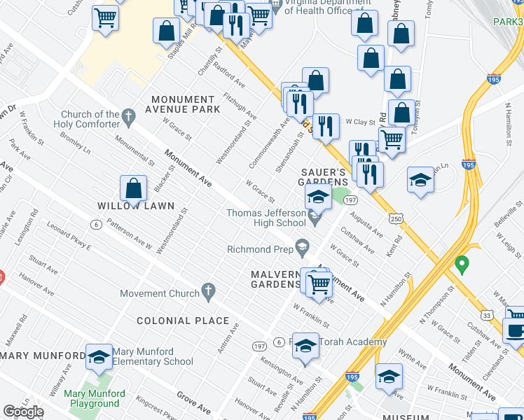 map of restaurants, bars, coffee shops, grocery stores, and more near 4308 Monument Park in Richmond