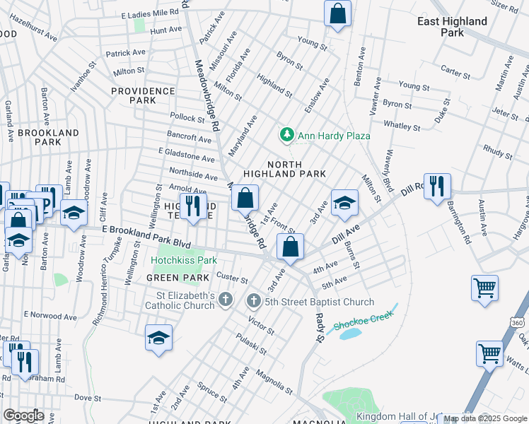 map of restaurants, bars, coffee shops, grocery stores, and more near 3102 1st Avenue in Richmond