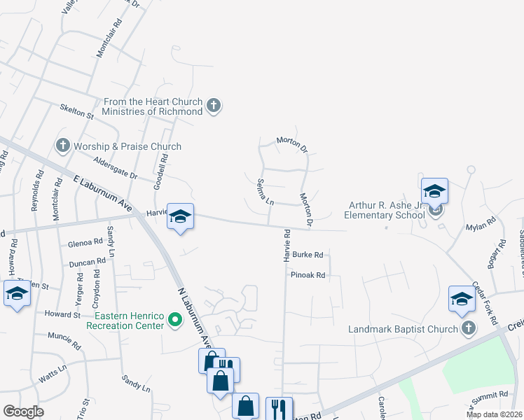map of restaurants, bars, coffee shops, grocery stores, and more near 3332 Plowfield Court in Richmond