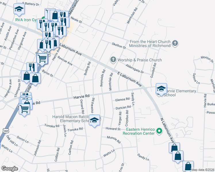 map of restaurants, bars, coffee shops, grocery stores, and more near 3606 Montclair Rd in Richmond