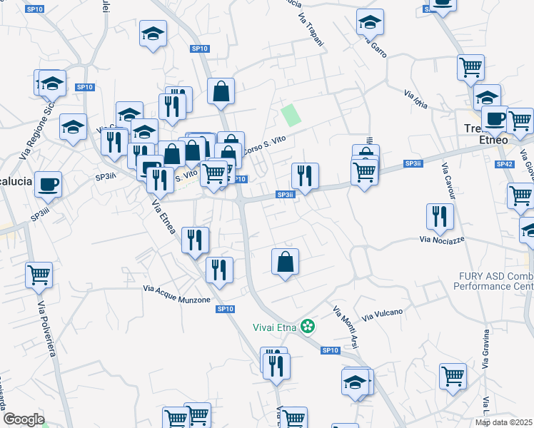 map of restaurants, bars, coffee shops, grocery stores, and more near 5 Via Siena in Mascalucia