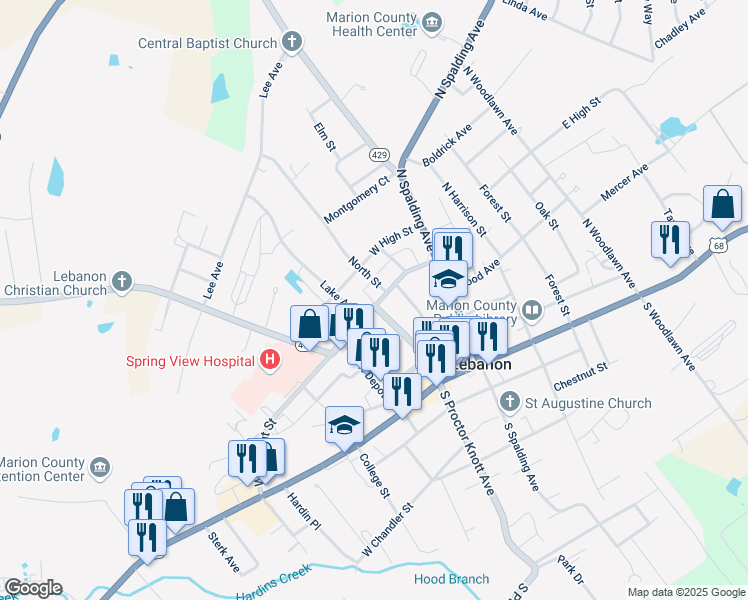 map of restaurants, bars, coffee shops, grocery stores, and more near 209 W Walnut St in Lebanon