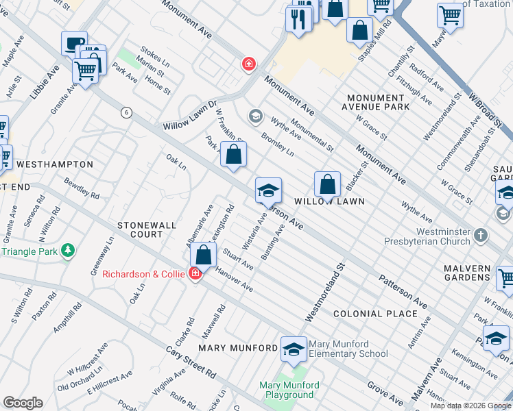 map of restaurants, bars, coffee shops, grocery stores, and more near 4907 Patterson Avenue in Richmond