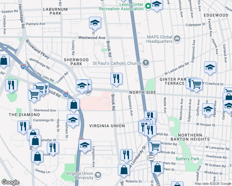 map of restaurants, bars, coffee shops, grocery stores, and more near 2939 Brook Road in Richmond