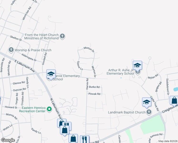 map of restaurants, bars, coffee shops, grocery stores, and more near 1516 Selma Lane in Richmond