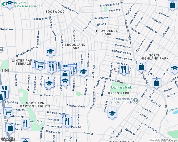 map of restaurants, bars, coffee shops, grocery stores, and more near 3013 Woodrow Avenue in Richmond