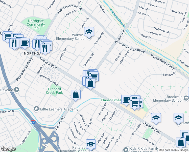 map of restaurants, bars, coffee shops, grocery stores, and more near 35011 Mount Palomar Court in Fremont