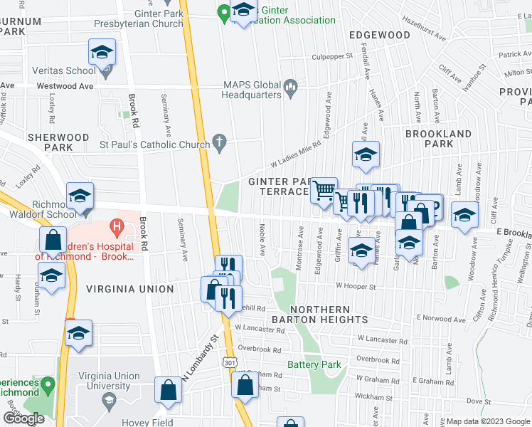 map of restaurants, bars, coffee shops, grocery stores, and more near 3001 Noble Avenue in Richmond