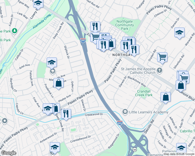 map of restaurants, bars, coffee shops, grocery stores, and more near 4328 Gordon Place in Fremont