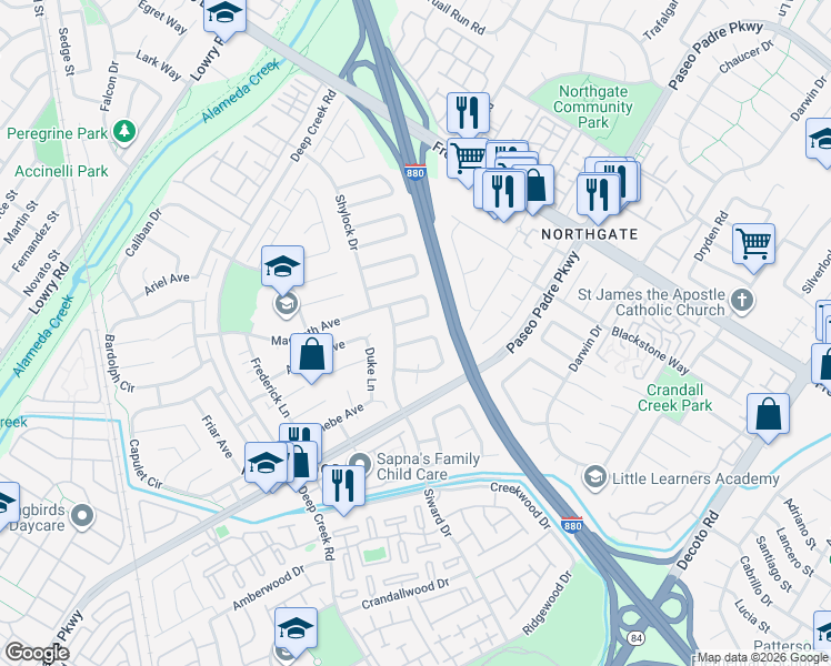 map of restaurants, bars, coffee shops, grocery stores, and more near 4603 Donalbain Circle in Fremont