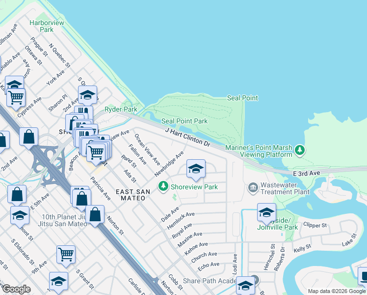 map of restaurants, bars, coffee shops, grocery stores, and more near 1833 Newbridge Avenue in San Mateo