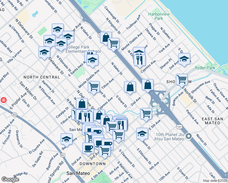 map of restaurants, bars, coffee shops, grocery stores, and more near 16 North Grant Street in San Mateo