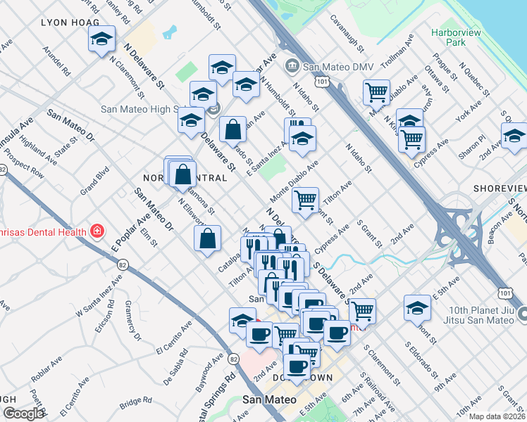 map of restaurants, bars, coffee shops, grocery stores, and more near 509 Monte Diablo Avenue in San Mateo