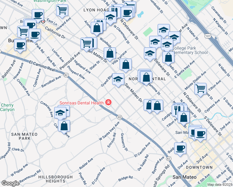 map of restaurants, bars, coffee shops, grocery stores, and more near 448 Highland Avenue in San Mateo