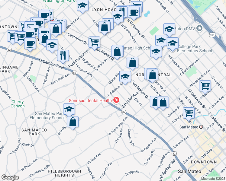 map of restaurants, bars, coffee shops, grocery stores, and more near 125 East Bellevue Avenue in San Mateo