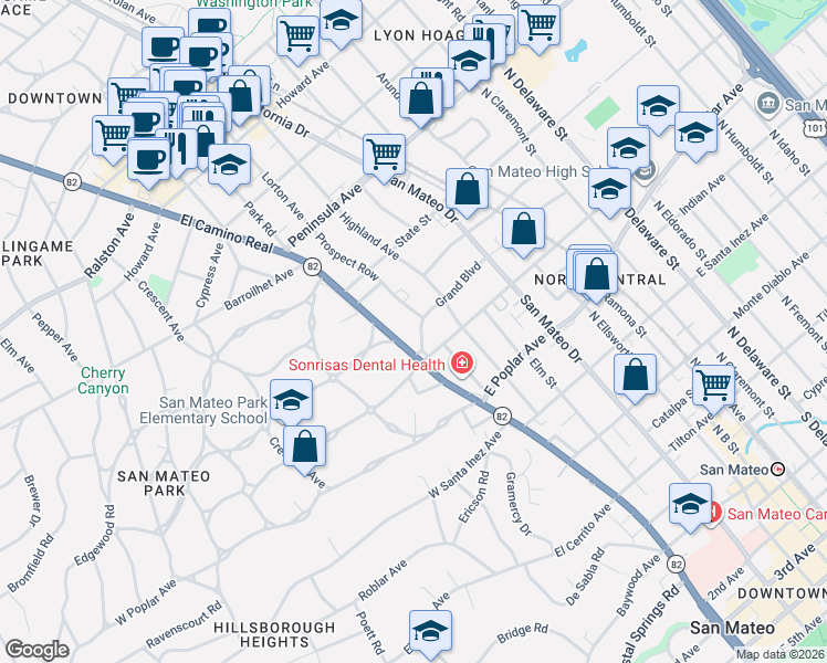 map of restaurants, bars, coffee shops, grocery stores, and more near 626 North El Camino Real in San Mateo