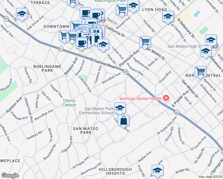 map of restaurants, bars, coffee shops, grocery stores, and more near 159 Warren Road in San Mateo