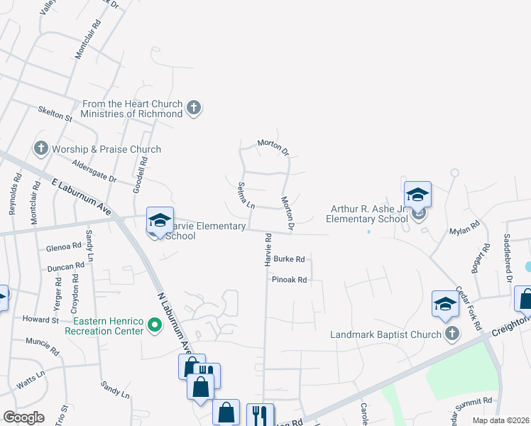 map of restaurants, bars, coffee shops, grocery stores, and more near 1516 Selma Lane in Richmond