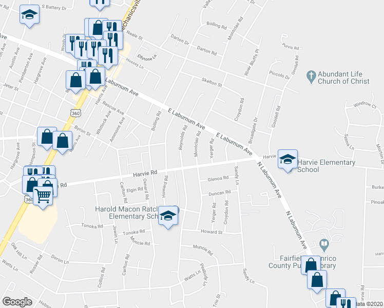 map of restaurants, bars, coffee shops, grocery stores, and more near 3606 Montclair Road in Richmond