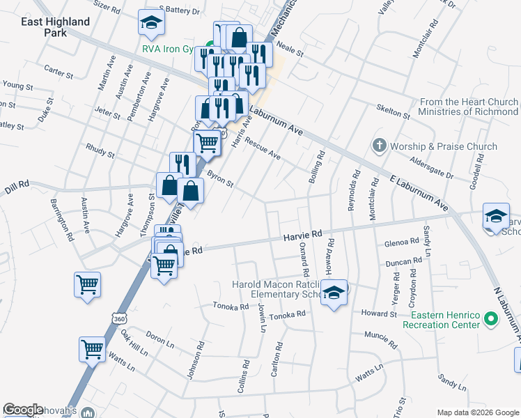 map of restaurants, bars, coffee shops, grocery stores, and more near 3518 Carlton Road in Richmond