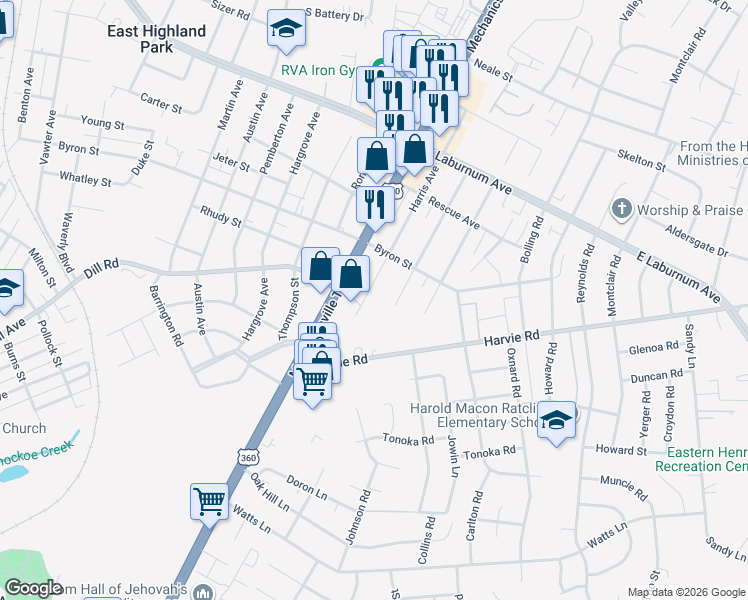 map of restaurants, bars, coffee shops, grocery stores, and more near 3502 Whitlock Avenue in Richmond