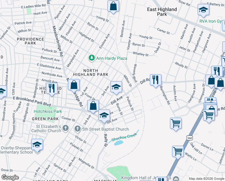 map of restaurants, bars, coffee shops, grocery stores, and more near 3211 Utah Place in Richmond