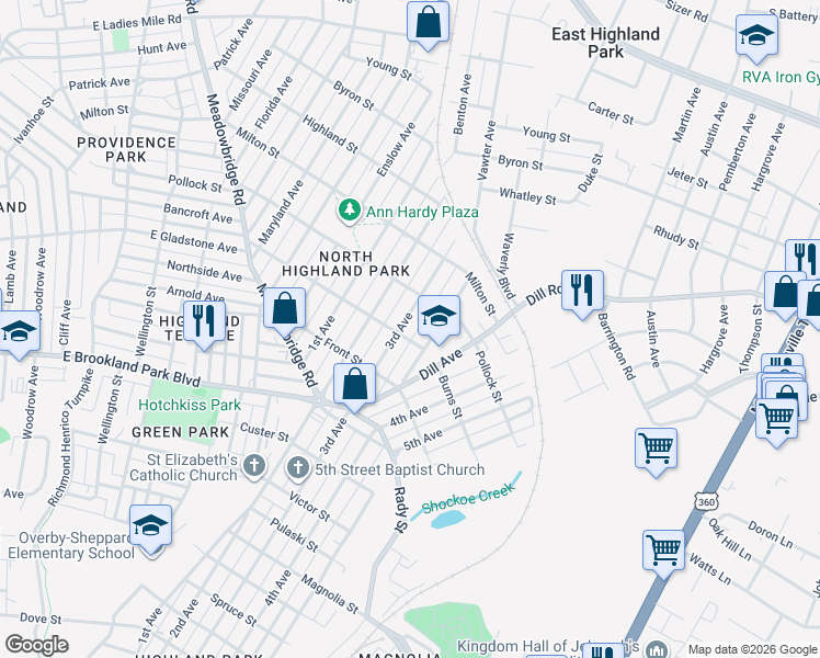 map of restaurants, bars, coffee shops, grocery stores, and more near 3201 3rd Avenue in Richmond