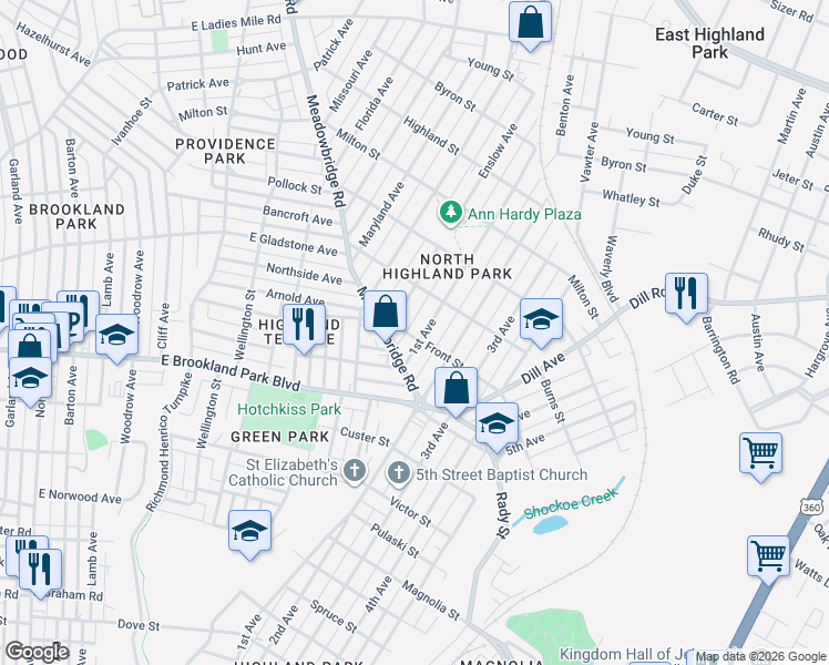 map of restaurants, bars, coffee shops, grocery stores, and more near 3102 1st Avenue in Richmond