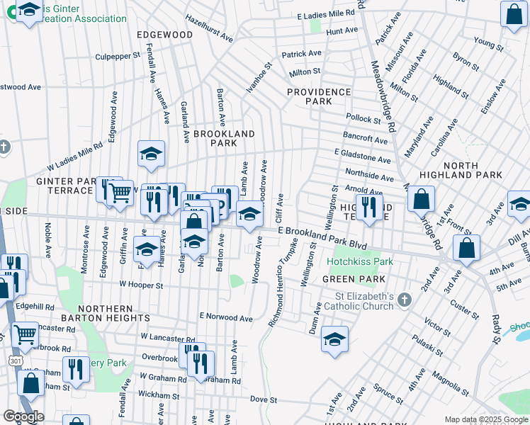 map of restaurants, bars, coffee shops, grocery stores, and more near 3013 Woodrow Avenue in Richmond