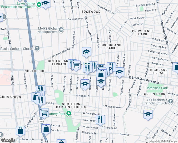 map of restaurants, bars, coffee shops, grocery stores, and more near 3005 Fendall Avenue in Richmond
