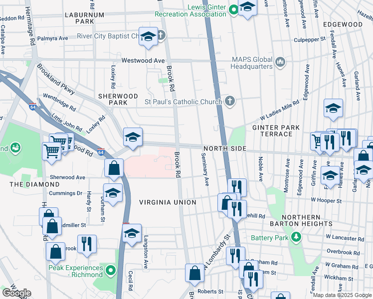 map of restaurants, bars, coffee shops, grocery stores, and more near 2933 Northumberland Avenue in Richmond