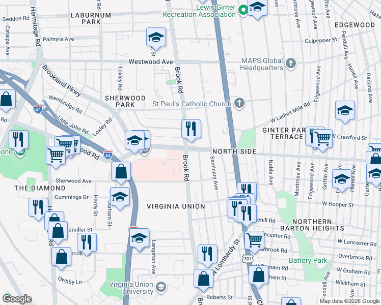 map of restaurants, bars, coffee shops, grocery stores, and more near in Richmond