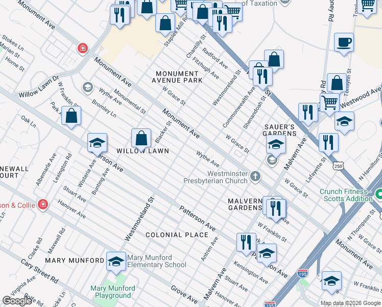 map of restaurants, bars, coffee shops, grocery stores, and more near 4505 Wythe Avenue in Richmond