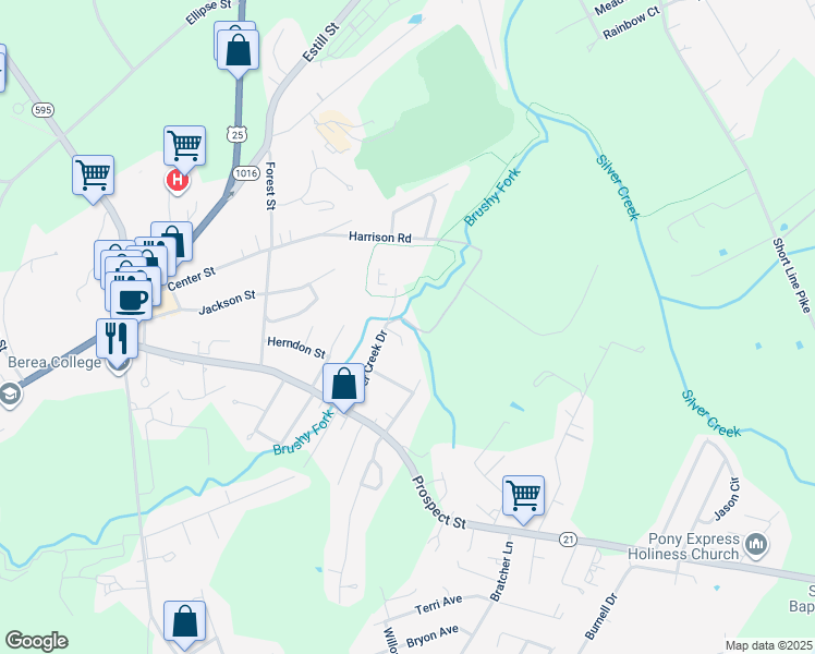 map of restaurants, bars, coffee shops, grocery stores, and more near 103 Kayla Drive in Berea