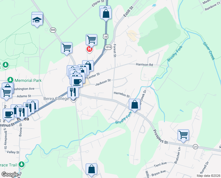 map of restaurants, bars, coffee shops, grocery stores, and more near 109 Forest Street in Berea