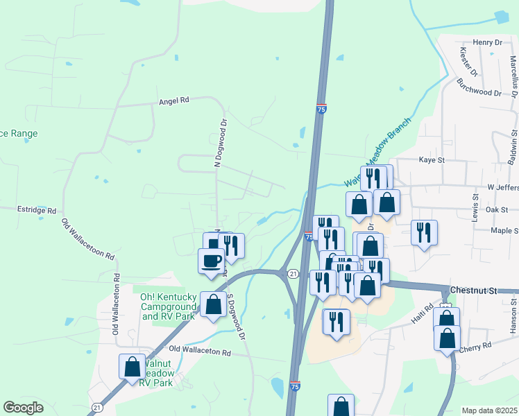 map of restaurants, bars, coffee shops, grocery stores, and more near 154 Spring Circle Drive in Berea