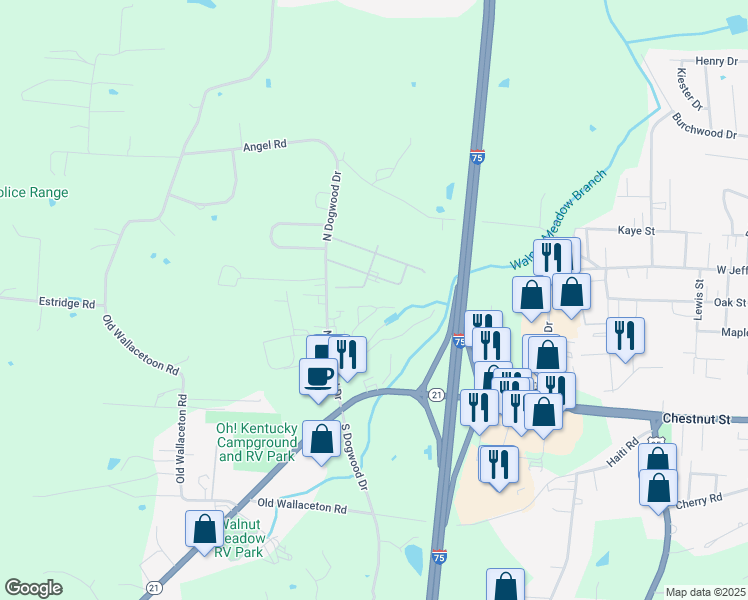 map of restaurants, bars, coffee shops, grocery stores, and more near 154 Spring Circle Drive in Berea