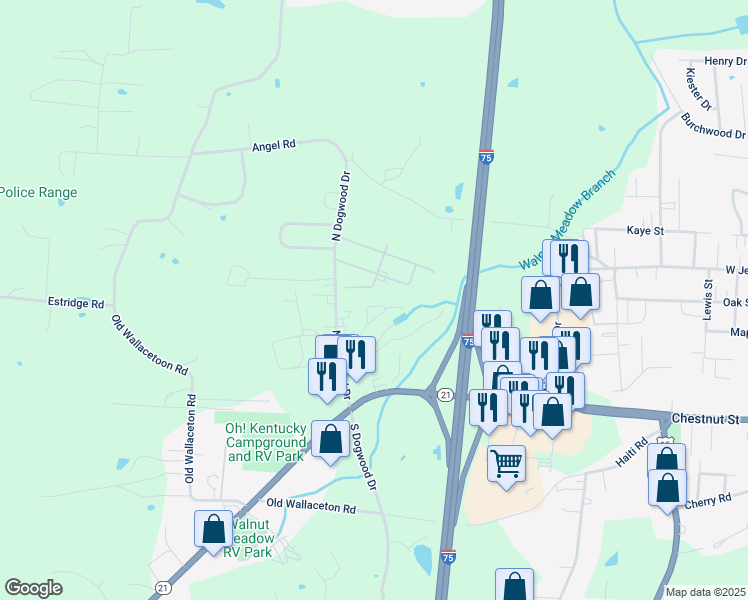 map of restaurants, bars, coffee shops, grocery stores, and more near 154 Spring Circle Drive in Berea