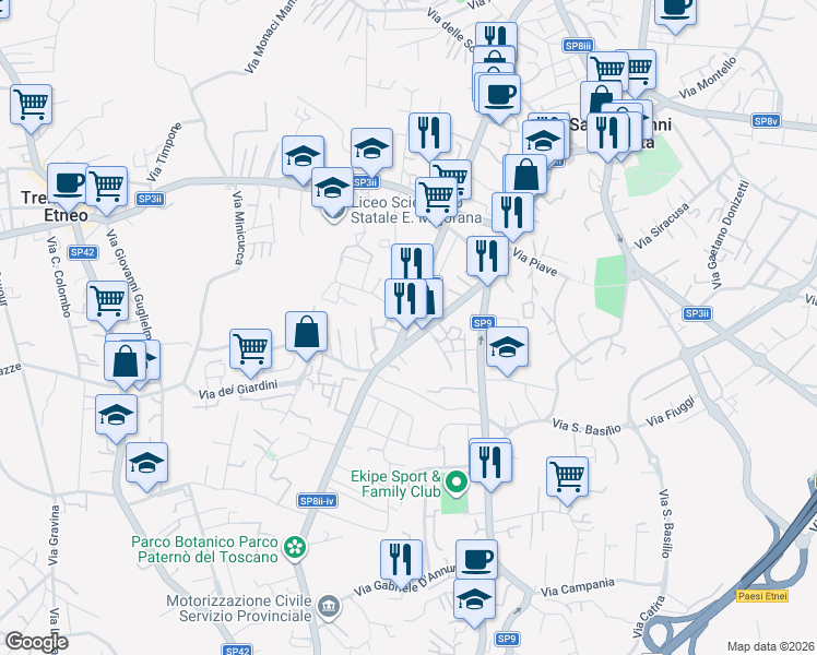 map of restaurants, bars, coffee shops, grocery stores, and more near 23A Via Ravanusa in San Giovanni La Punta