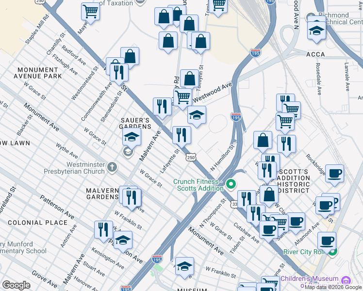 map of restaurants, bars, coffee shops, grocery stores, and more near West Broad Street in Richmond